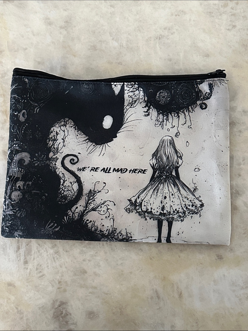 Monochrome Alice Illustration Zip Pouch - "We're All Mad Here"